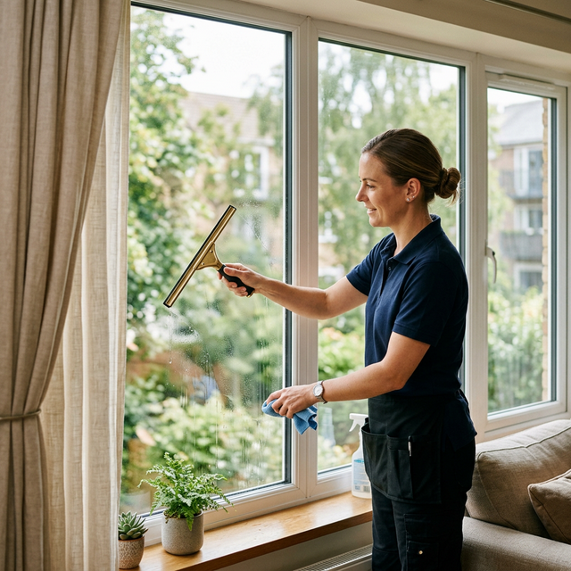 Professional residential home cleaner washing a large living-room window